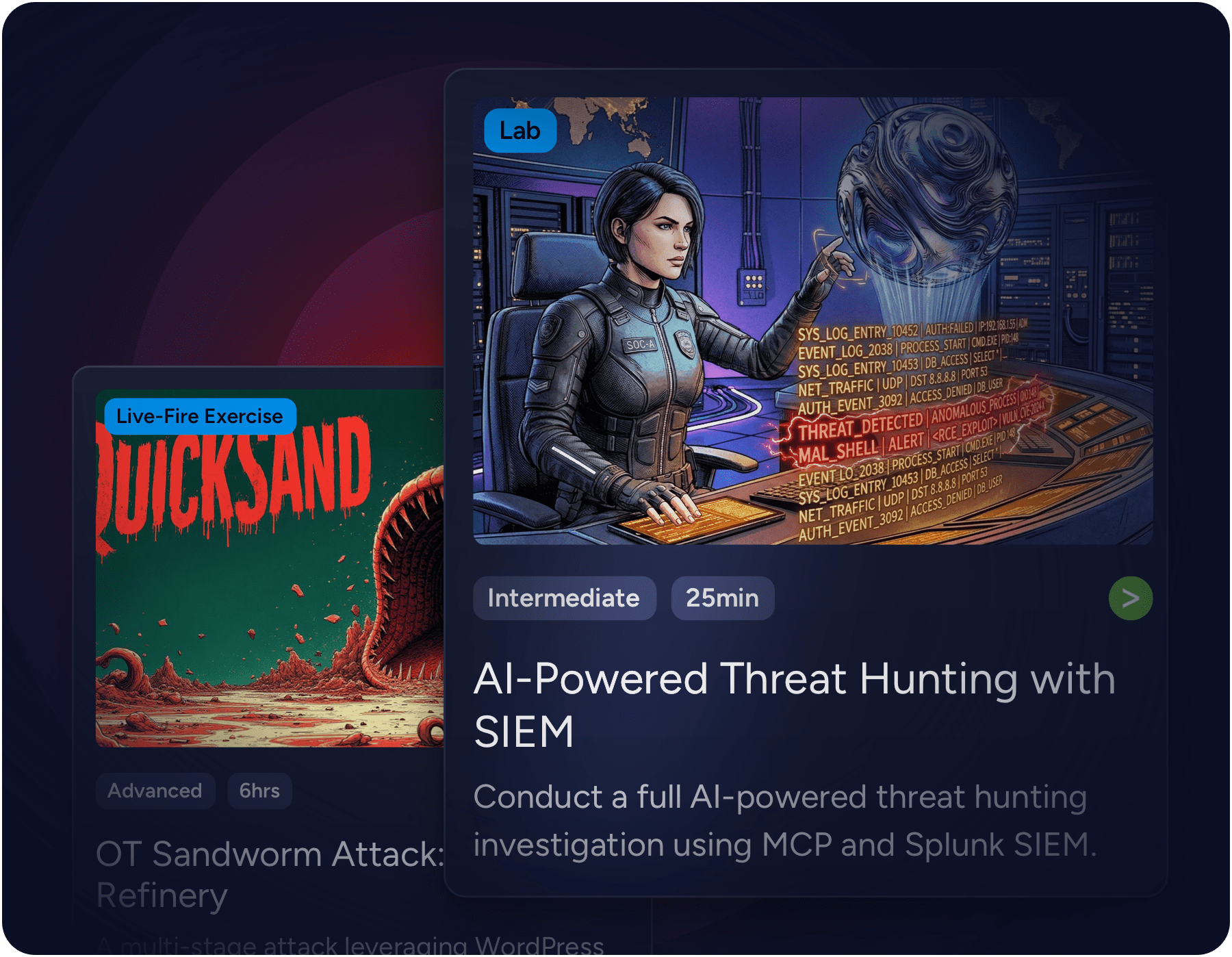 Examples of Cyberbit readiness platform's cybersecurity skills program mapped to threats, teams and tools.